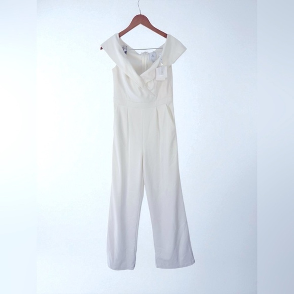 NWT David’s Bridal Off The Shoulder Crepe Wedding Jumpsuit Soft White Size 4